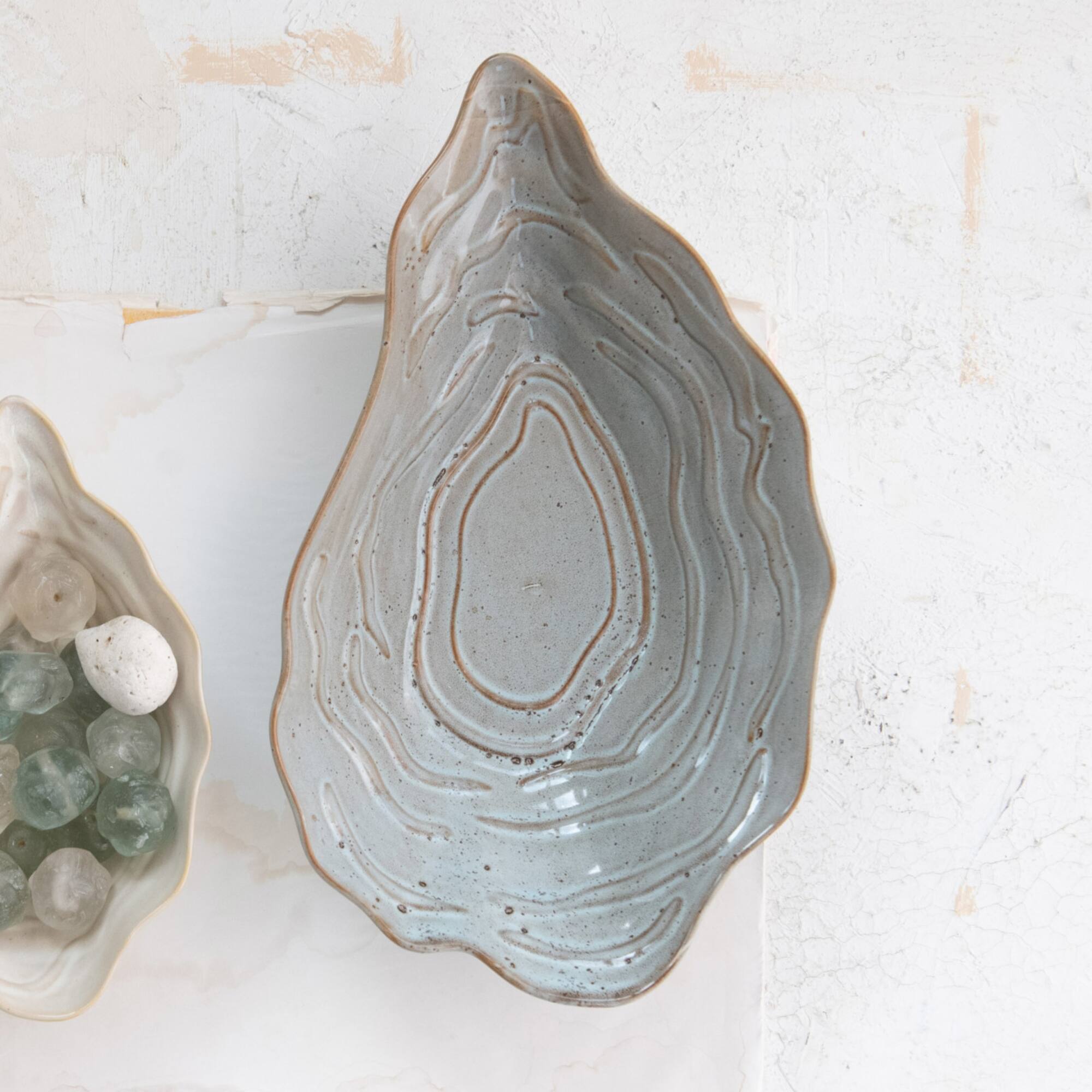 Hello Honey® 11.5" Tan & Blue Oyster Shaped Stoneware Bowl